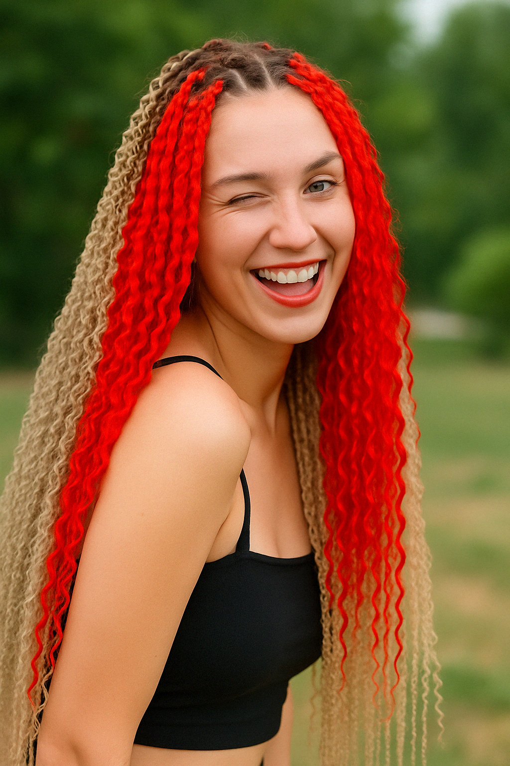 Зизи-косички гофре с красными и светлыми прядями