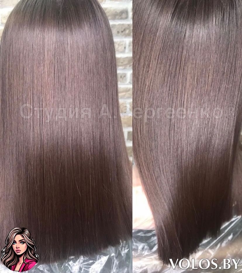 Светло-каштановые волосы после процедуры ботокса. Волосы гладкие, блестящие и ровно лежат по длине.