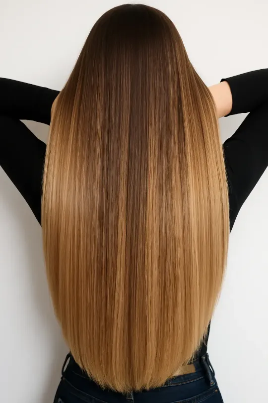 Девушки с длинными, гладкими каштановыми волосами после процедуры ботокса.