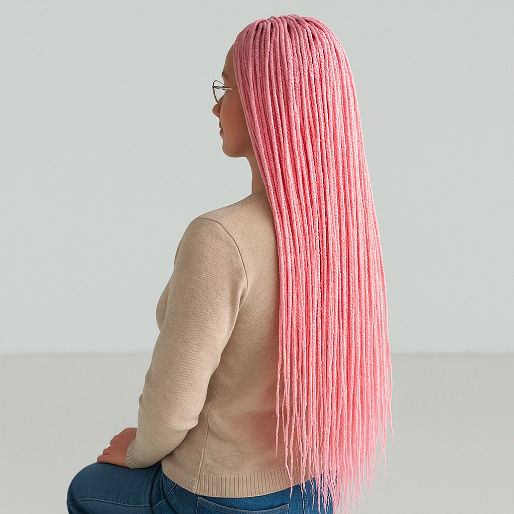 Зизи-косички розового цвета на длинные волосы, вид сбоку