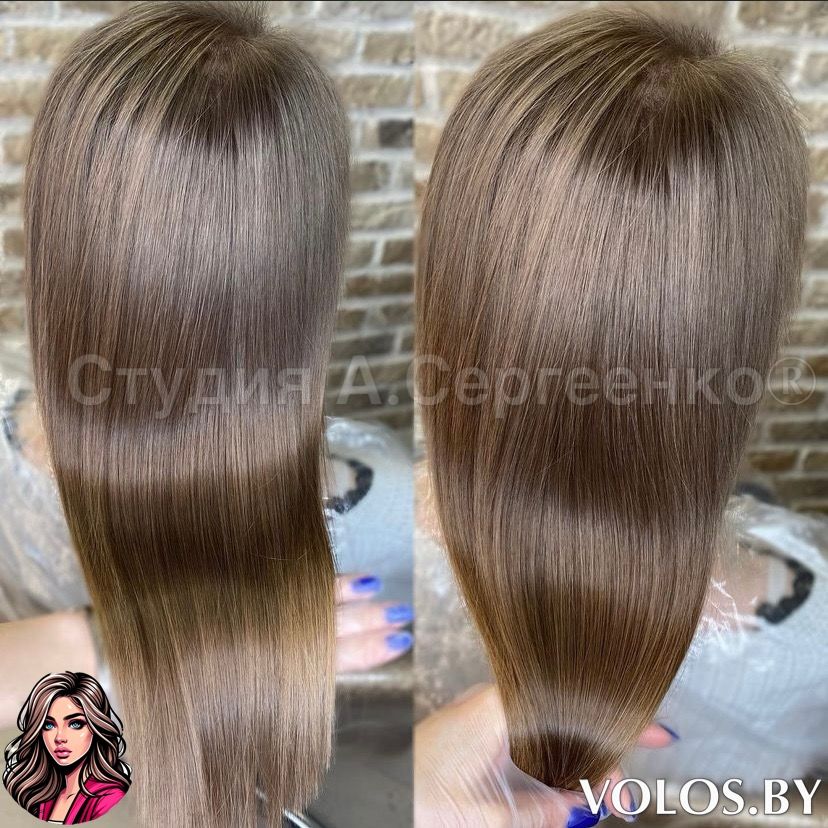 Светло-каштановые волосы после процедуры ботокса. Волосы гладкие, блестящие и ровно лежат по длине.