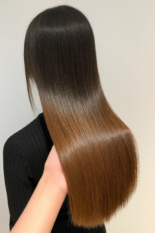 Светло-русые волосы после ботокса — гладкие, блестящие и ровные по всей длине. Результат процедуры восстановления структуры волос.