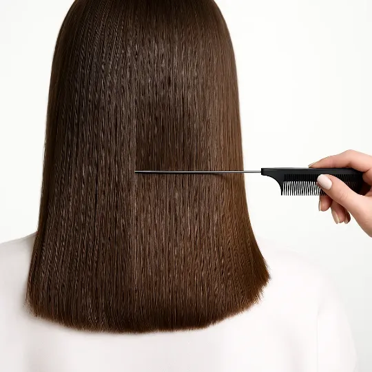 Девушки с длинными, гладкими каштановыми волосами после процедуры ботокса.