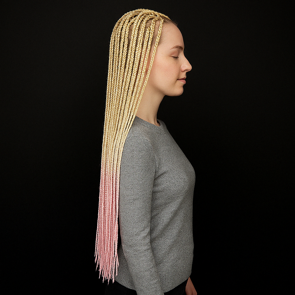 Блондинистые зи-зи-косички с розовым градиентом на девушке