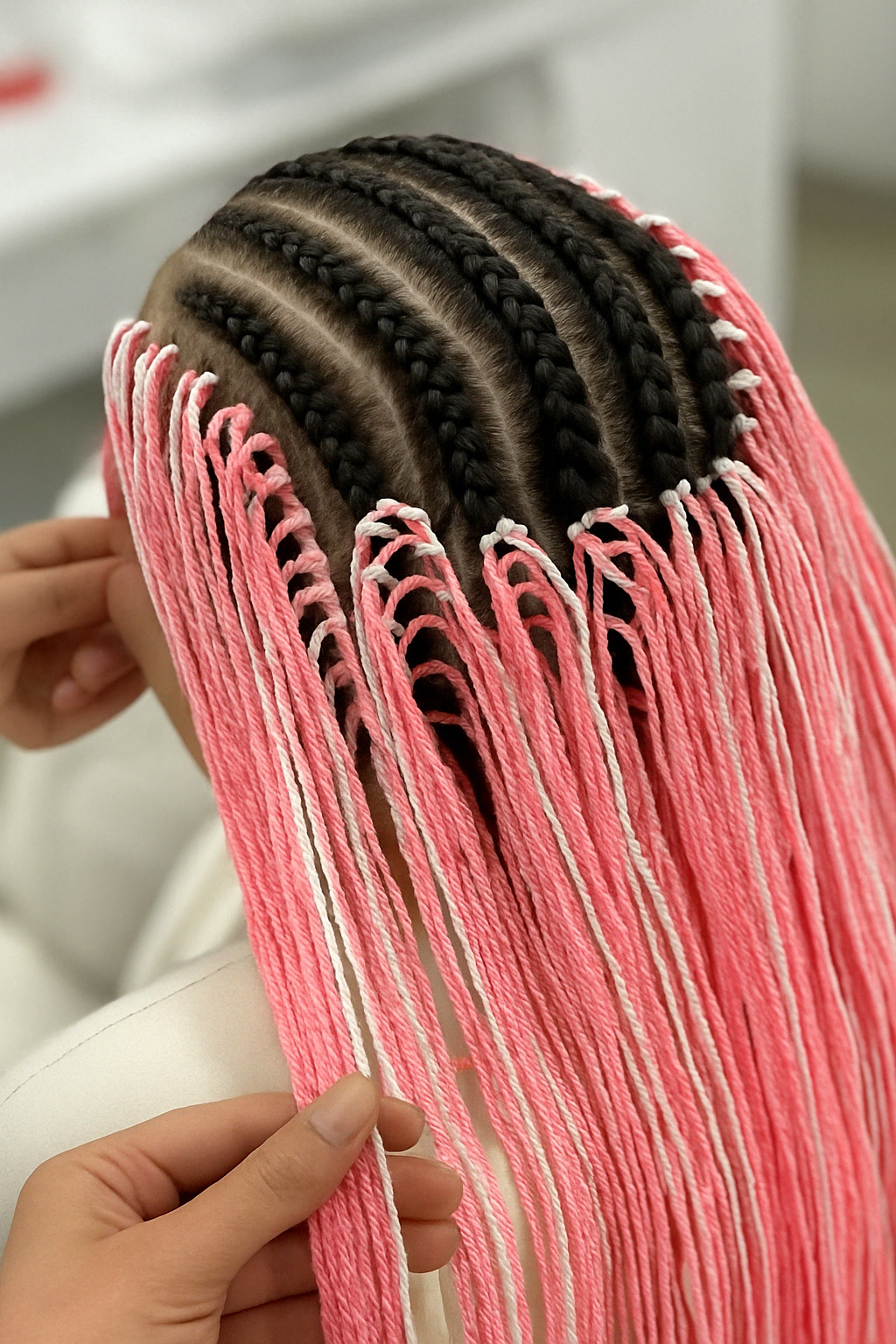 Плетение зизи-косичек на каркас: яркие розово-белые косички крепятся к тонким брейдам, заплетённым по голове