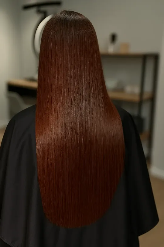 Девушки с длинными, гладкими каштановыми волосами после процедуры ботокса.