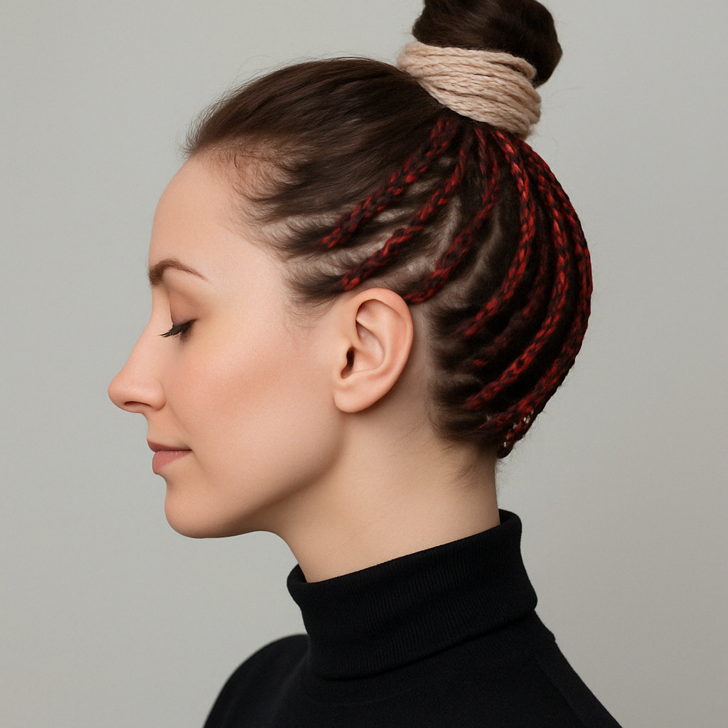 Зизи-косички в красно-чёрных оттенках на затылке, собранные в пучок — вид сбоку