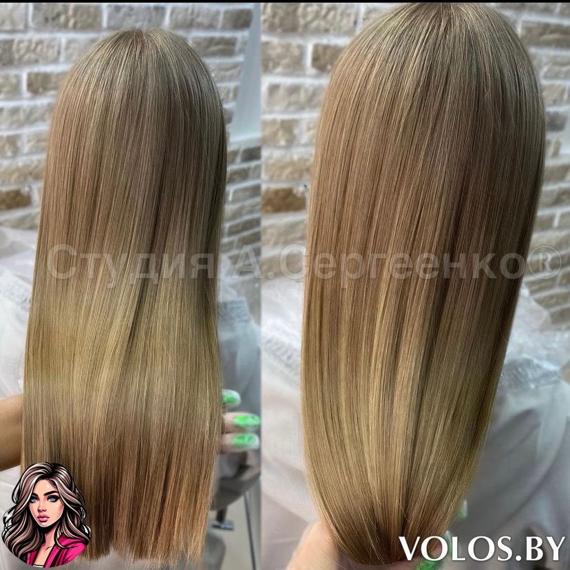 Результат ботокса на тёмных волосах средней длины. Волосы гладкие, плотные и сияющие, вид со спины.