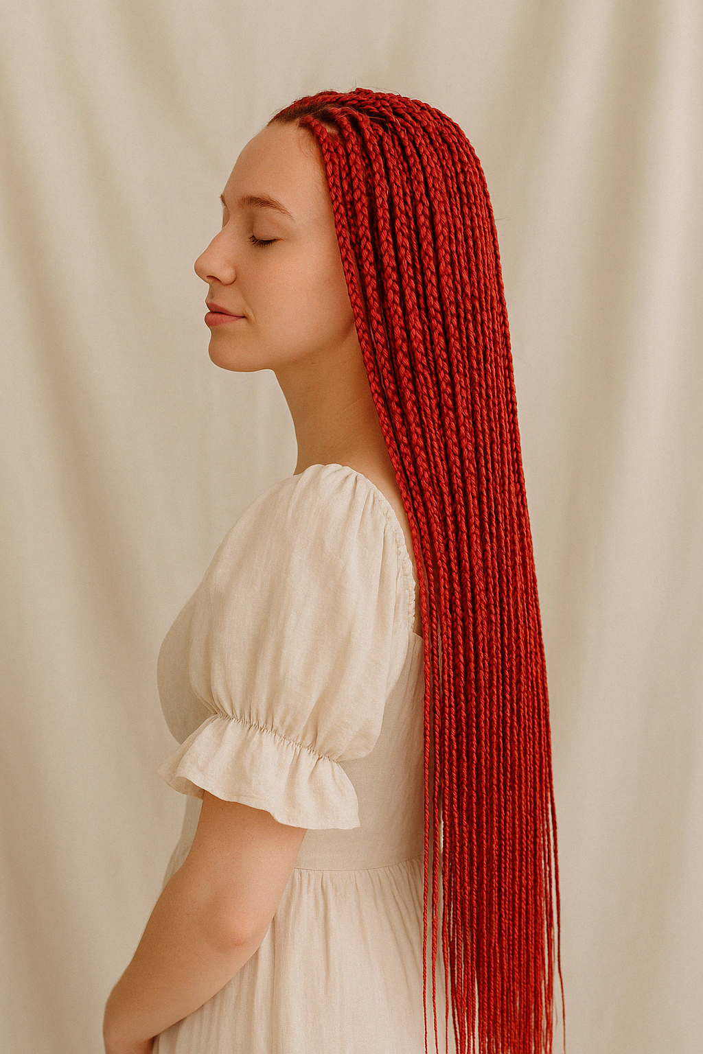 Профиль девушки с зизи-косичками на всю голову в насыщенно-красном цвете 