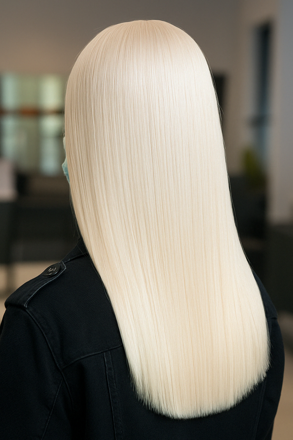 Платиновые блонд волосы после бразильского выпрямления — идеально гладкие, блестящие и плотные по структуре.