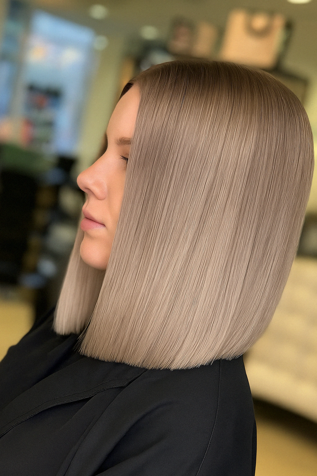 Холодный блонд после бразильского выпрямления — волосы гладкие, блестящие и с чётким геометричным срезом.