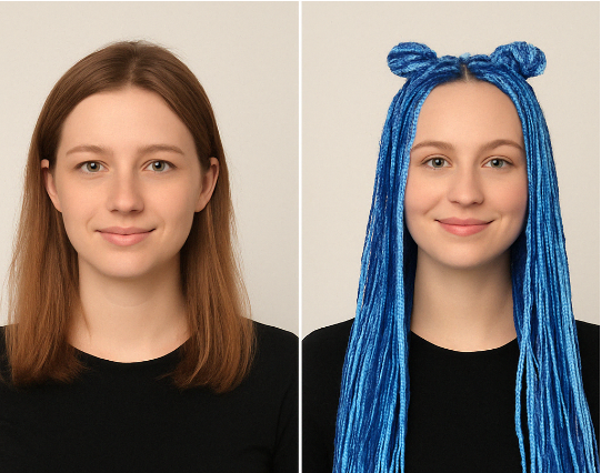 Девушка до и после плетения зизи: фото с прямыми волосами и с готовой причёской из синих косичек с пучками
