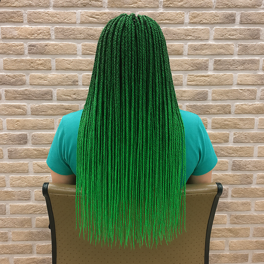 Зи-зи-косички зелёного цвета у девушки, вид со спины.