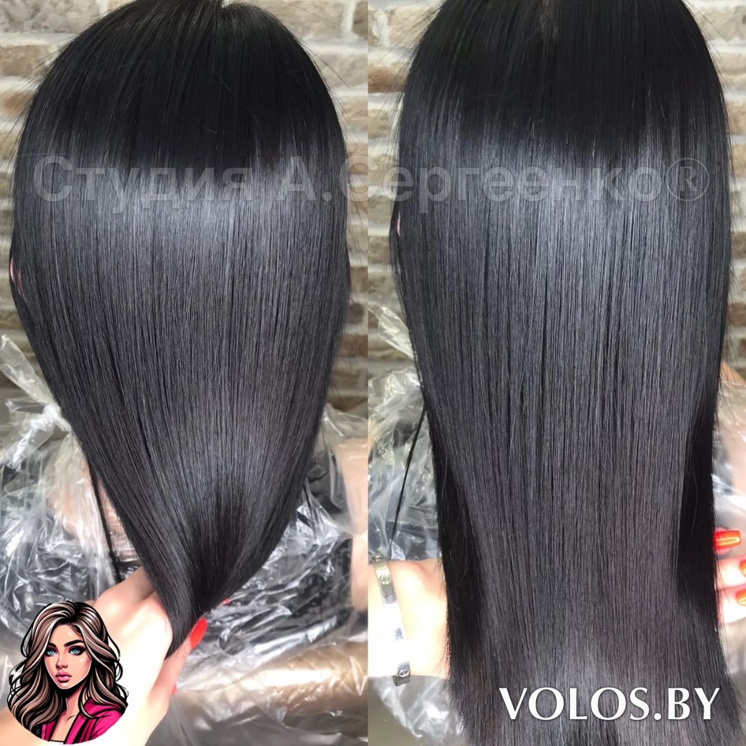 Светло-каштановые волосы после процедуры ботокса. Волосы гладкие, блестящие и ровно лежат по длине.