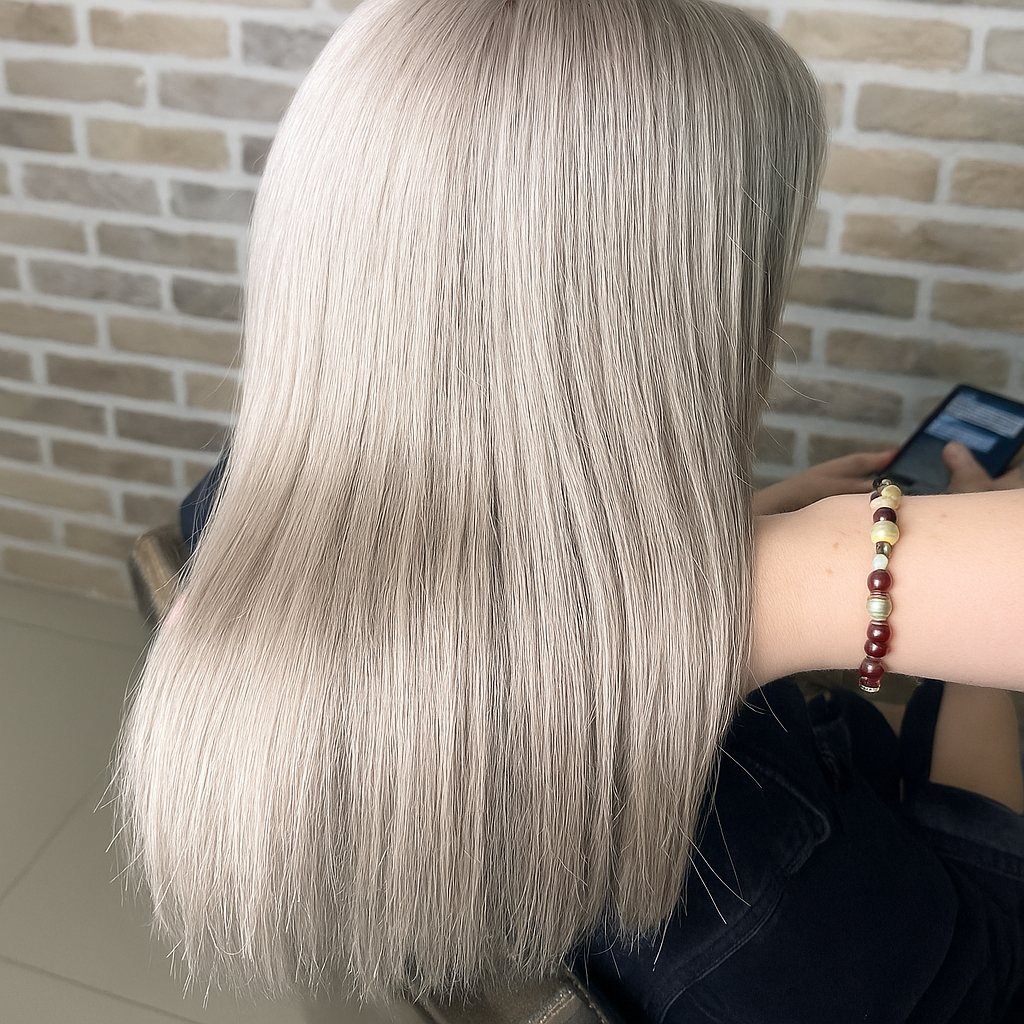 Светло-русые волосы после ботокса — гладкие, блестящие и ровные по всей длине. Результат процедуры восстановления структуры волос.