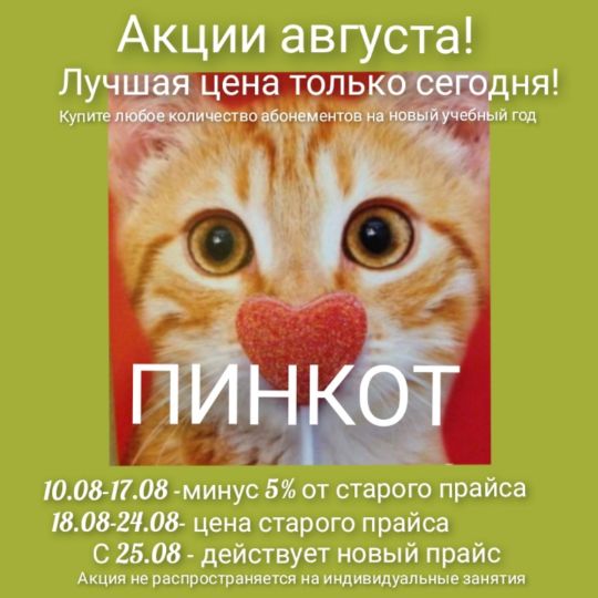 Вы можете приобрести любое количество абонементов по выбранному курсу на новый учебный год по цене прошлого учебного года. Акция действует только на групповые занятия и на индивидуальные не распространяется.